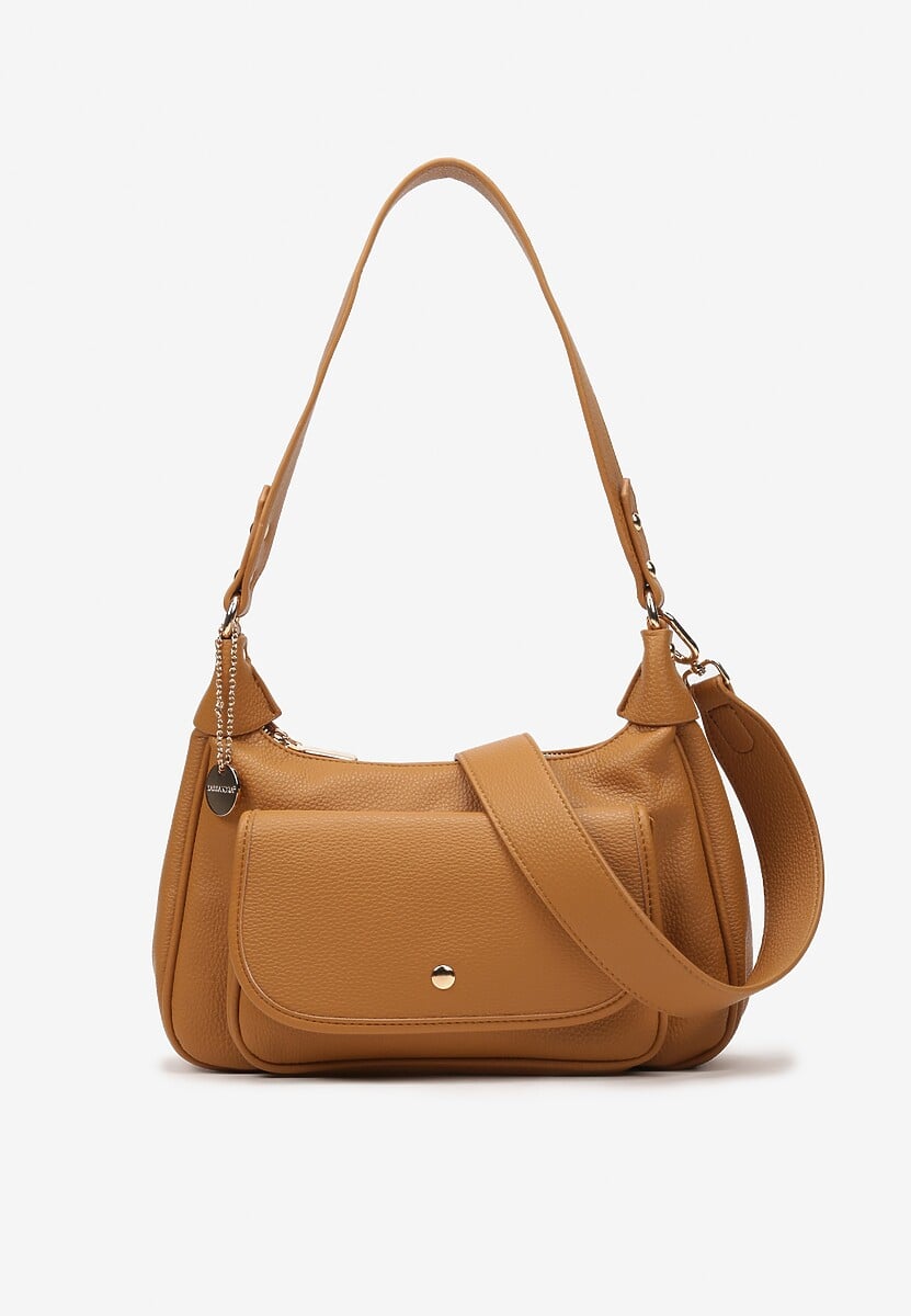 Brązowa Torebka z Ekoskóry z Naszytą Kieszonką i Metalicznymi Detalami Nibeni