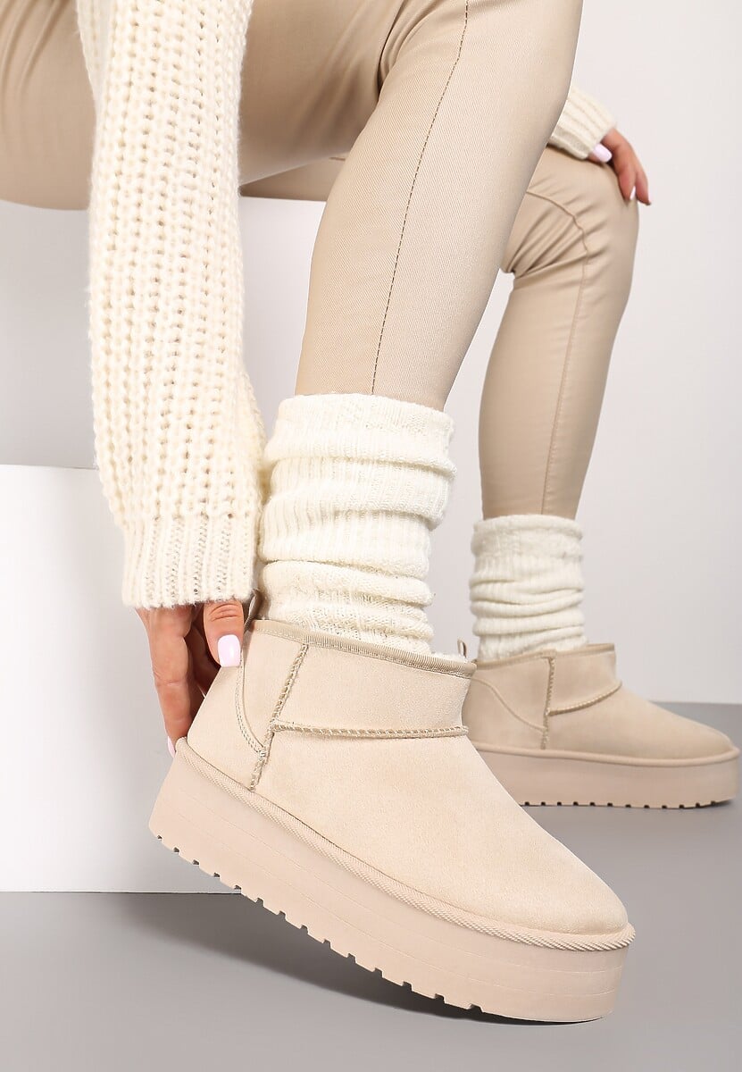 Beżowe Wsuwane Śniegowce na Gładkiej Platformie Merileeanne