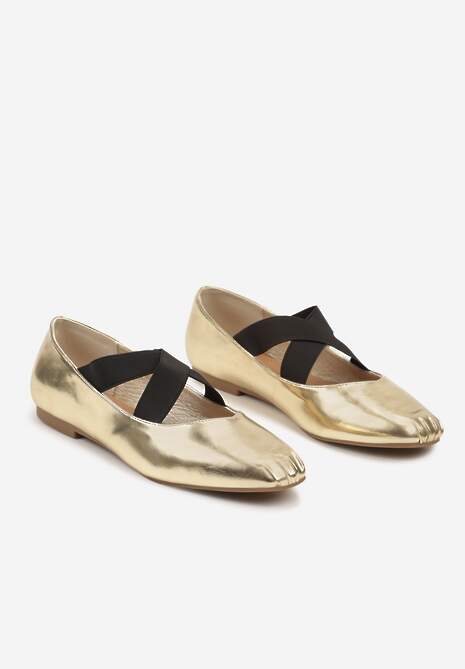 Złote Balerinki na Płaskiej Podeszwie z Gumką Elianora