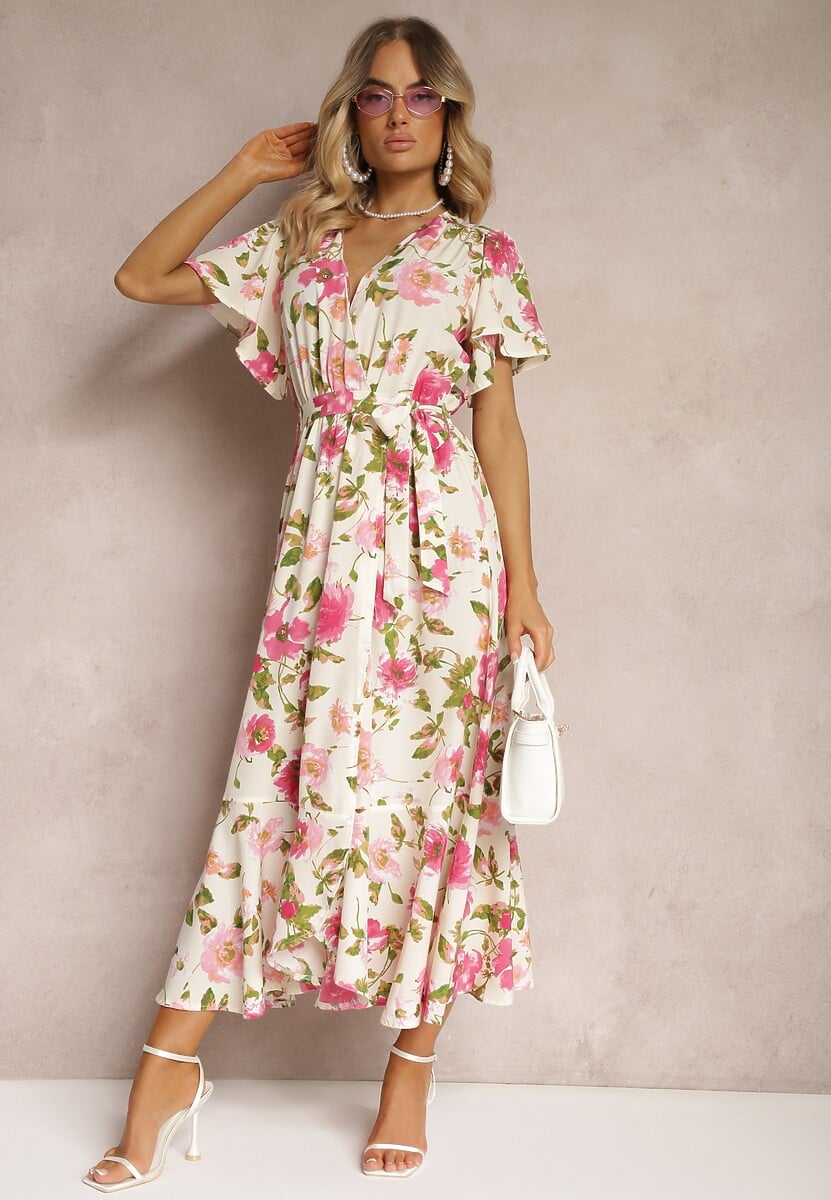 Beżowo-Różowa Kopertowa Rozkloszowana Sukienka z Falbaną i Gumką w Pasie Przewiązana Paskiem Iratia