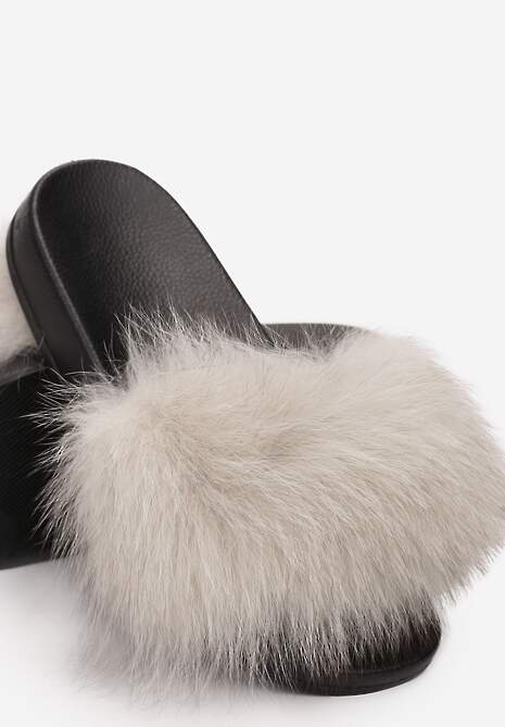 Beżowe Klapki z Futrem Turtlefeather