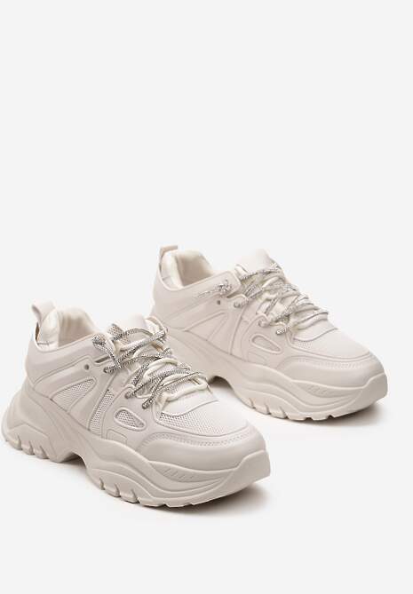 Beżowe Sneakersy na Nieregularnej Grubej Podeszwie z Cyrkoniami  Adirka