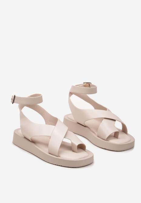 Beżowe Sandały Typo Loop Toe z Imitacji Skóry ze Sprzączką Aucca