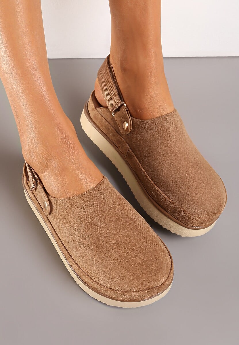 Ciemnobeżowe Klapki Mule w Stylu Chodaków na Niskiej Platformie Xrea