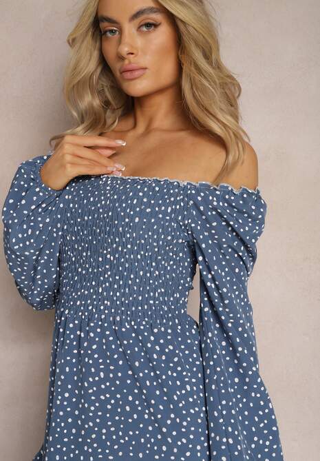 Granatowa Midi Sukienka Rozkloszowana w Kropki Gernia