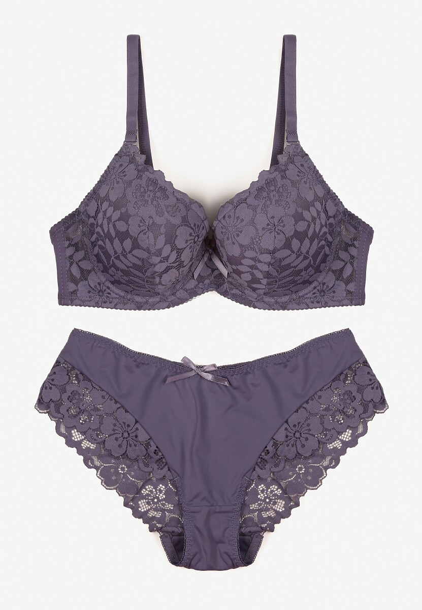 Fioletowy Koronkowy Komplet Majtki Figi i Biustonosz Eziselle