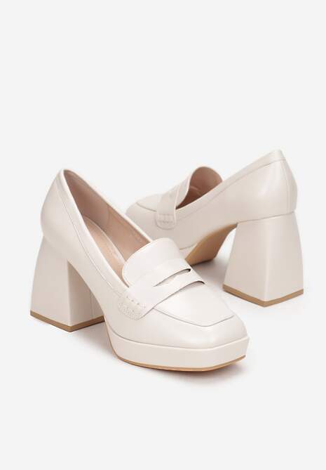 Beżowe Półbuty na Geometrycznym Słupku z Kwadratowym Noskiem Lanea