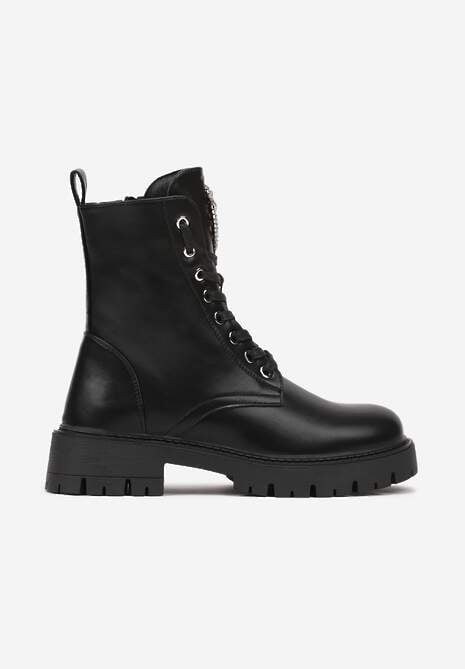 Czarne Botki Workery na Tłoczonej Platformie z Aplikacją z Cyrkoniami Ravithria