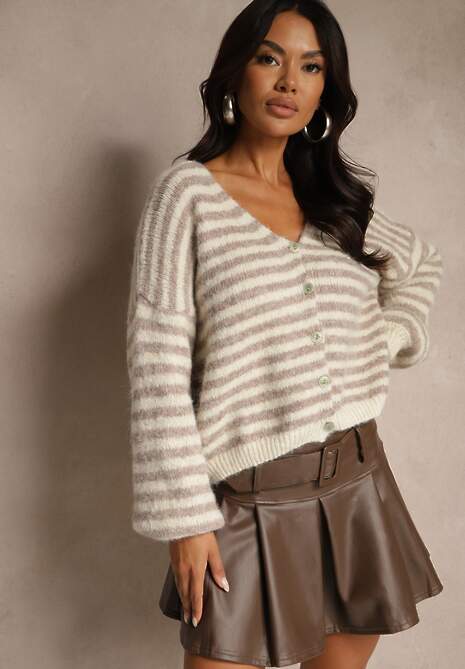 Beżowy Nietoperzowy Kardigan z Domieszką Wełny w Paski Fesaira