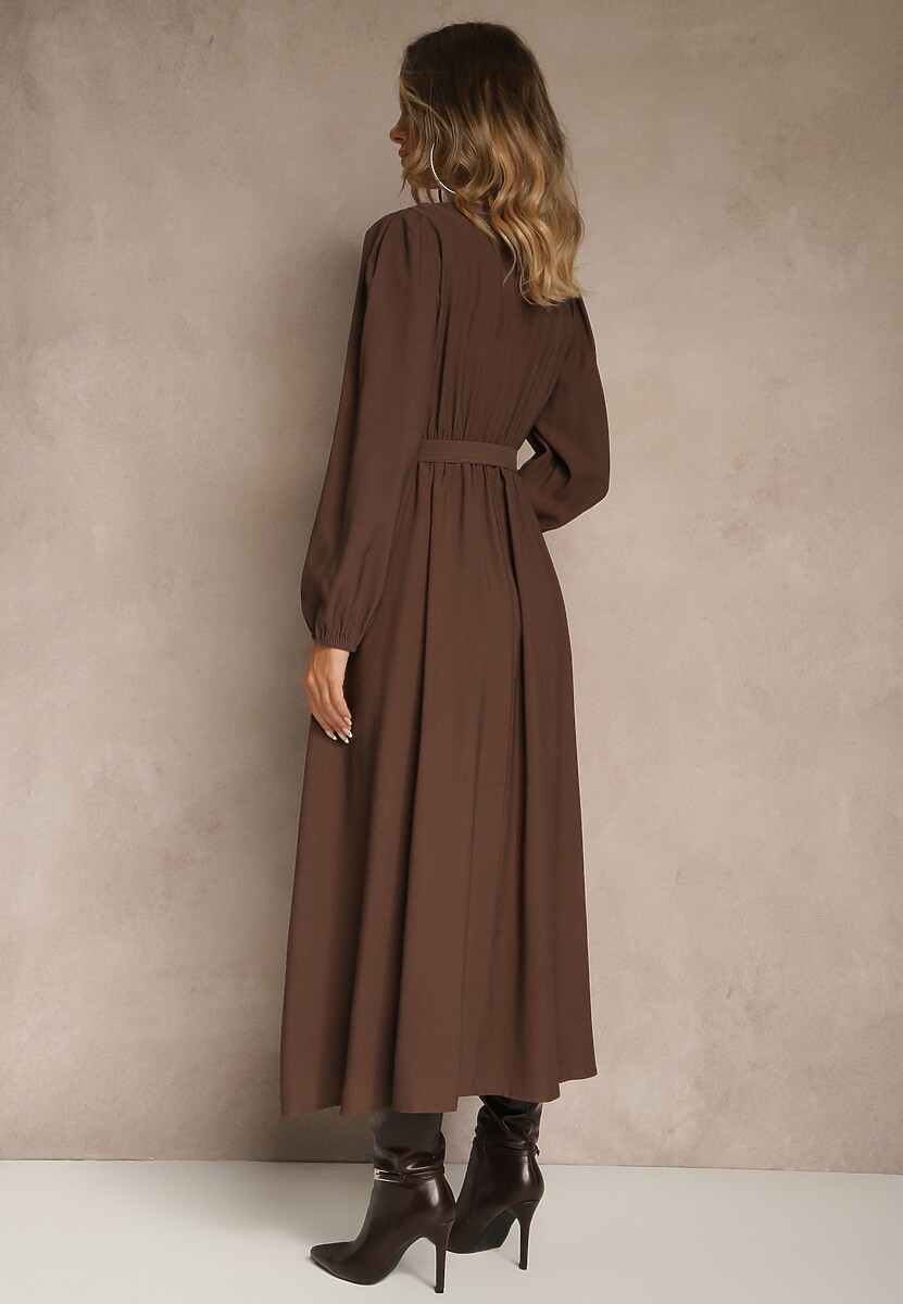 Brązowa Rozkloszowana Sukienka z Wiskozy z Paskiem ze Sprzączką Orille