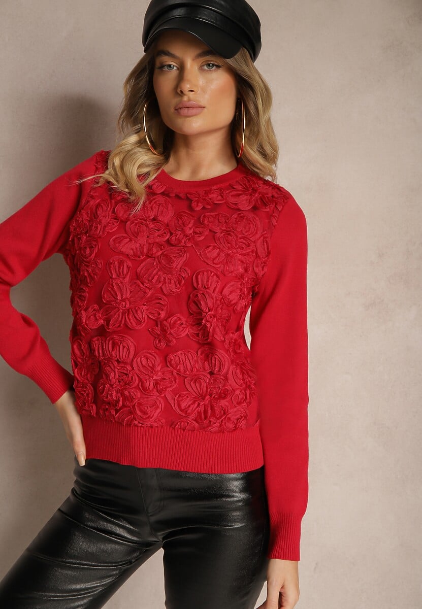 Czerwony Sweter z Wiskozą Ozdobiony Aplikacjami z Siateczki Harilia