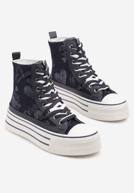 Granatowe Trampki na Platformie z Wysoką Cholewką i Wzorem Serc Aviriss