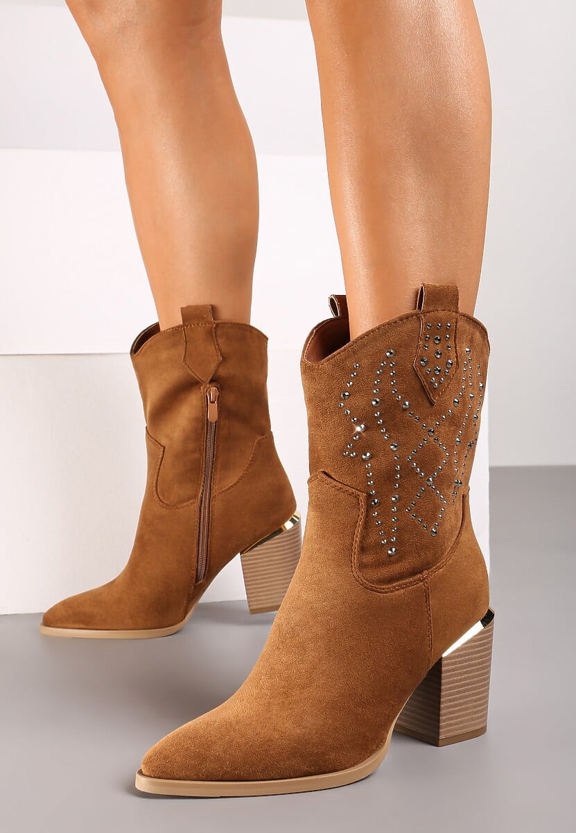 Brązowe Botki na Słupku w Stylu Kowbojek Irilianne