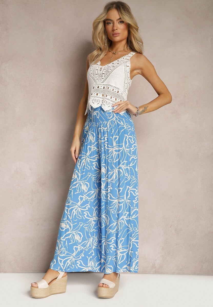 Niebieskie Spodnie Szerokie z Wiskozy High Waist w Kwiatowy Print Tepolla