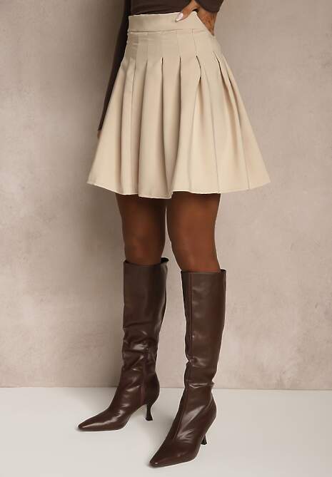 Beżowa Rozkloszowana Spódnica Mini z Zakładkami Plainnet