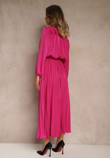 Fuksjowa Maxi Sukienka z Plisowanym Dołem i Kopertowym Dekoltem Basila