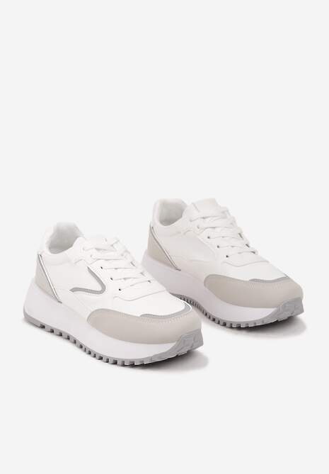 Białe Sneakersy na Płaskiej Podeszwie z Geometrycznym Motywem Erithnia