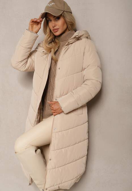 Jasnobeżowa Długa Kurtka Pikowana z Kapturem i Paskiem Verrina
