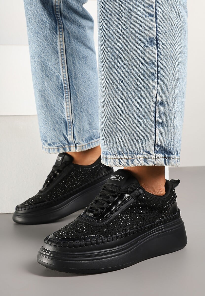 Czarne Sneakersy na Platformie z Wkładką ze Skóry Naturalnej z Cyrkoniami Arvisne