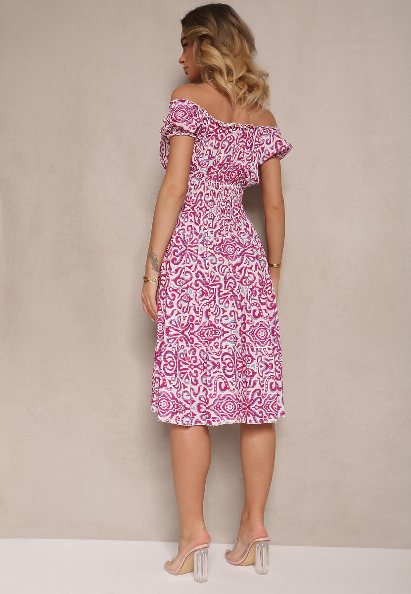Różowa Sukienka Bawełniana z Gumką w Talii i Ornamentalnym Printem Natilessae