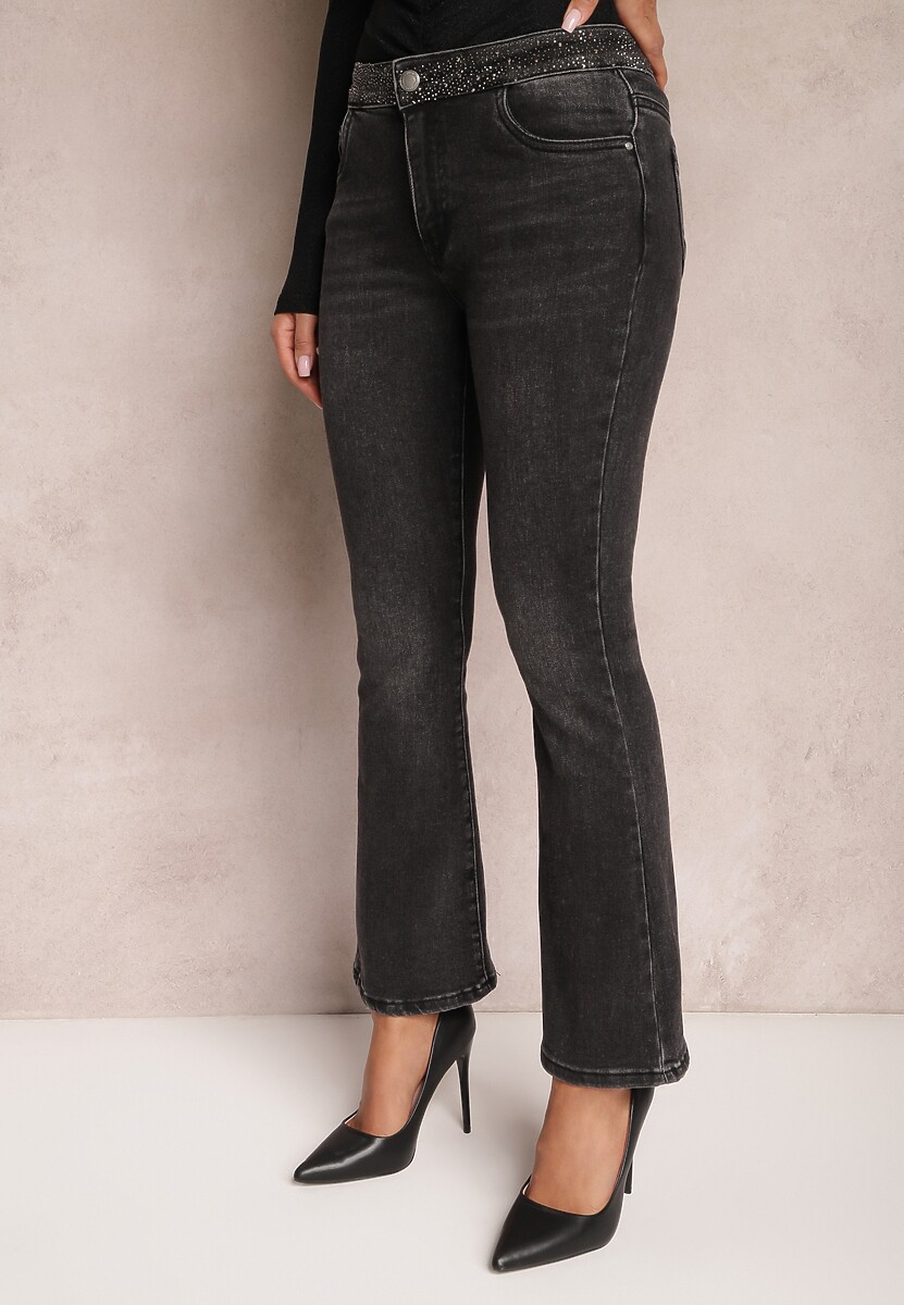 Ciemnoszare Jeansy o Fasonie Dzwonów z Cyrkoniami w Talii Kokarra