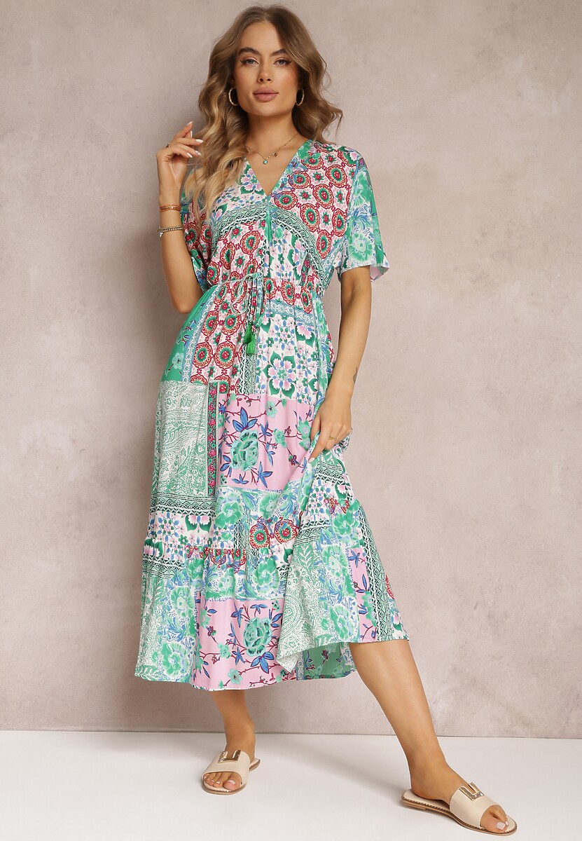 Zielono-Różowa Wiskozowa Sukienka Midi w Kwiaty z Gumką w Pasie Roslyna