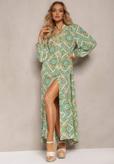 Zielona Wiskozowa Sukienka o Rozkloszowanym Kroju z Falbanką i Guzikami Orines