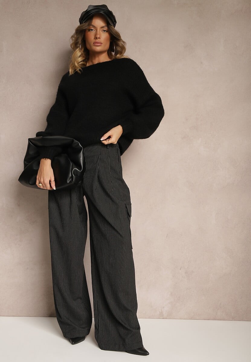 Czarne Garniturowe Spodnie z Wiskozą o Szerokim Kroju Zdobione Wzorem w Paski Ilista