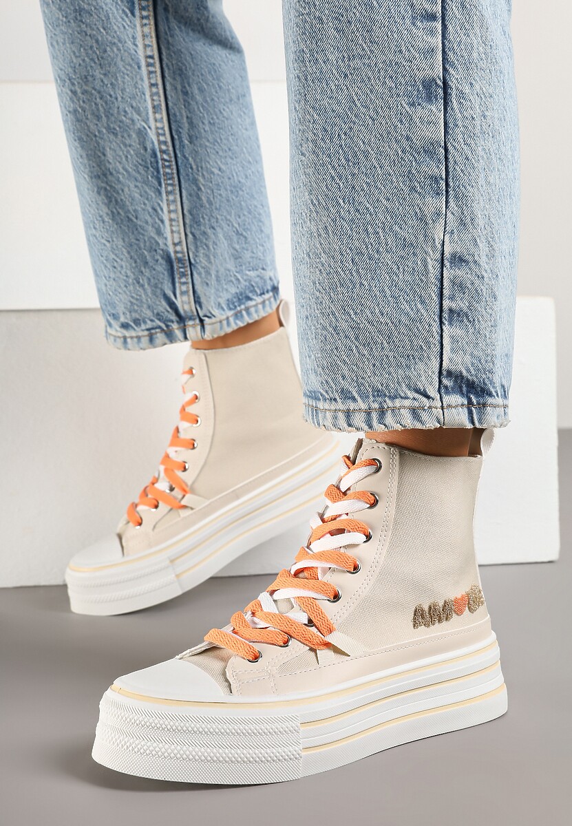 Beżowe Trampki z Cholewką za Kostkę i Kontrastowym Sznurowaniem Rivloti