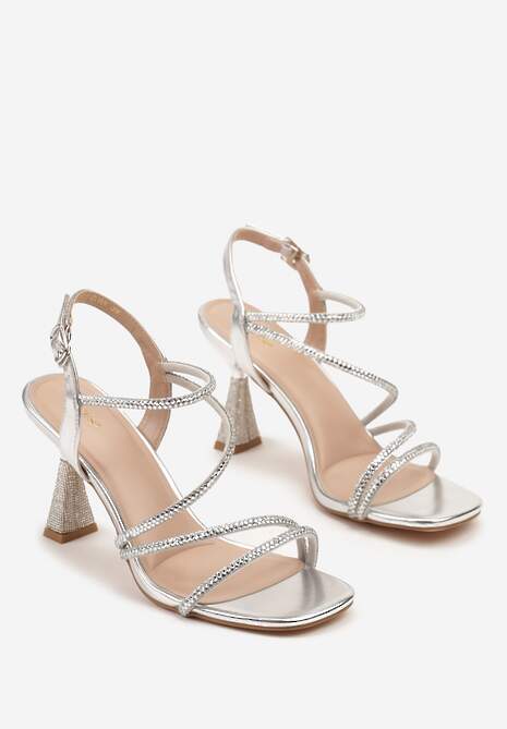 Srebrne Cyrkoniowe Sandały Vices na Stożkowym Obcasie Galitiela