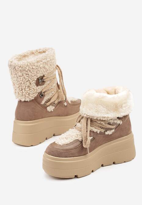 Beżowe Śniegowce na Grubej Podeszwie ze Sznurowaną Cholewką z Futerkiem Zerisa