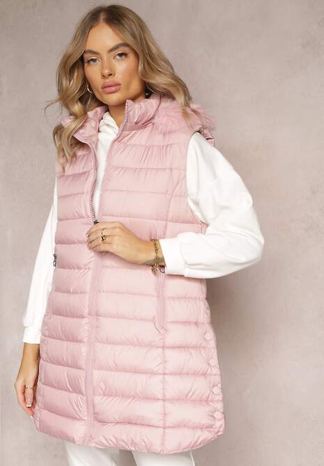 Różowa Pikowana Kamizelka z Kapturem Ozdobionym Sztucznym Futerkiem i Kieszeniami Derimeve