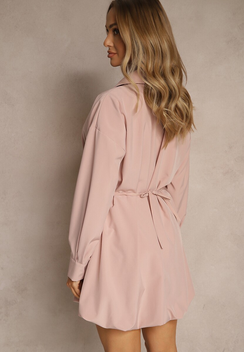 Różowa Sukienka Koszulowa Typu Bombka Ozdobiona Paskiem Lavirivae