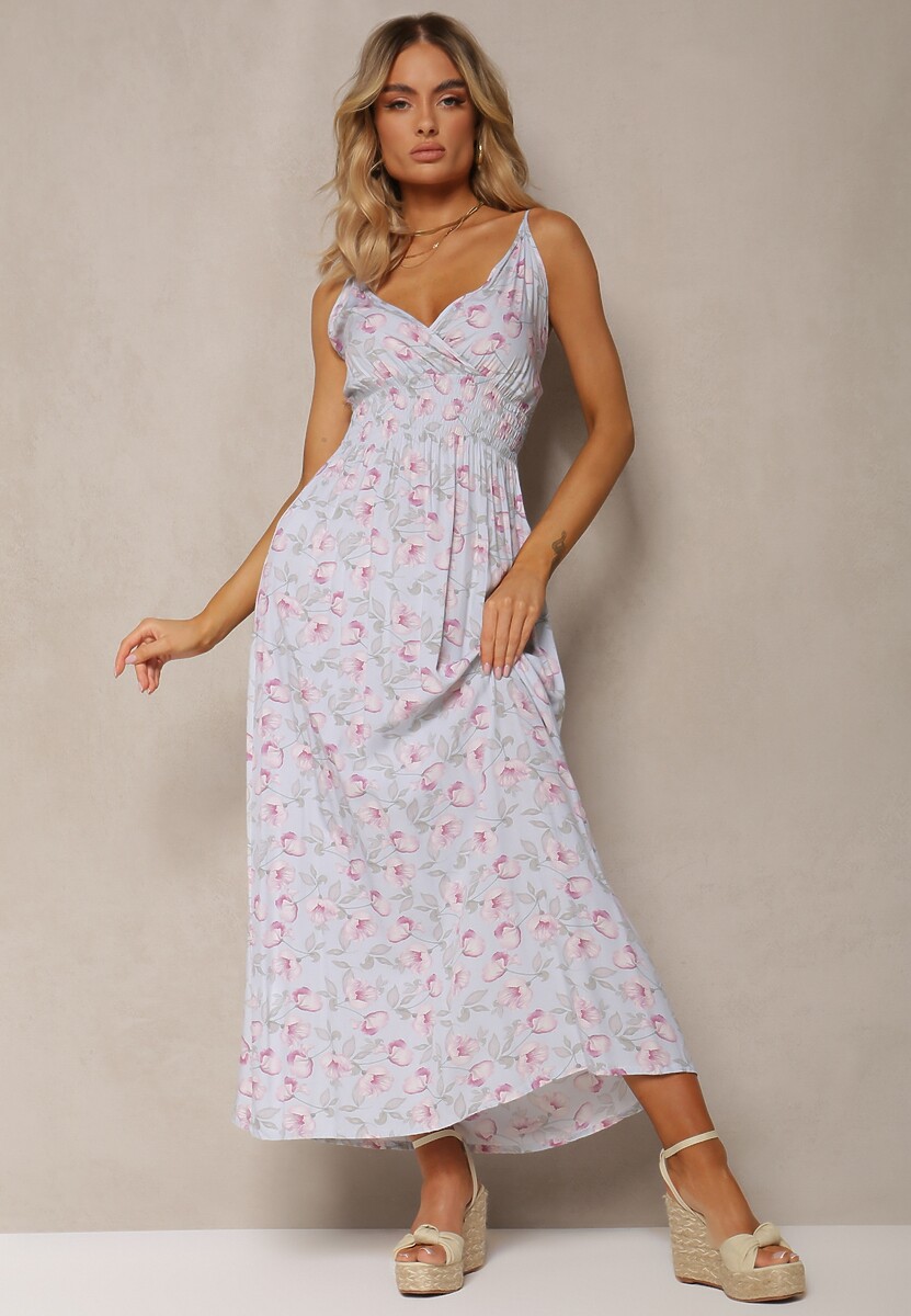 Czarna Bawełniana Sukienka na Cienkich Ramiączkach w Kwiecisty Wzór o Rozkloszowanym Fasonie Rosaq