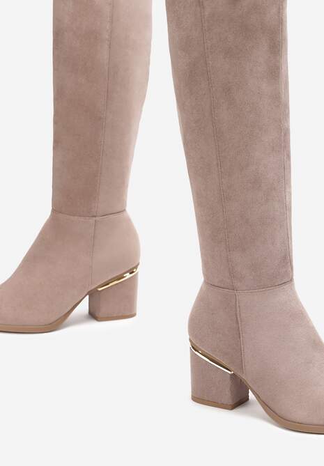 Ciemnobeżowe Kozaki na Ozdobnym Słupku Przed Kolano Liamia