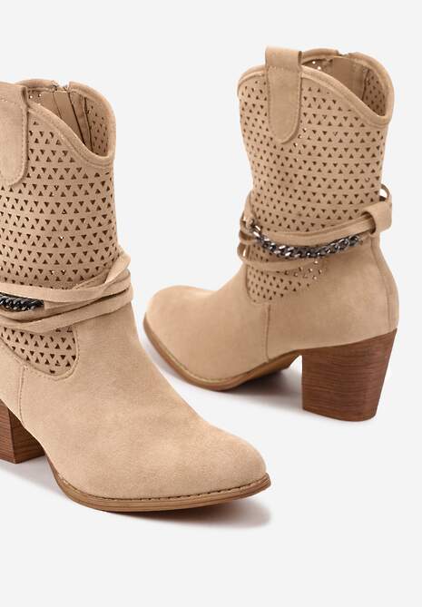 Ciemnobeżowe Botki Vices na Słupku w Stylu Kowbojek z Ażurową Cholewką i Paskami Tulifedi