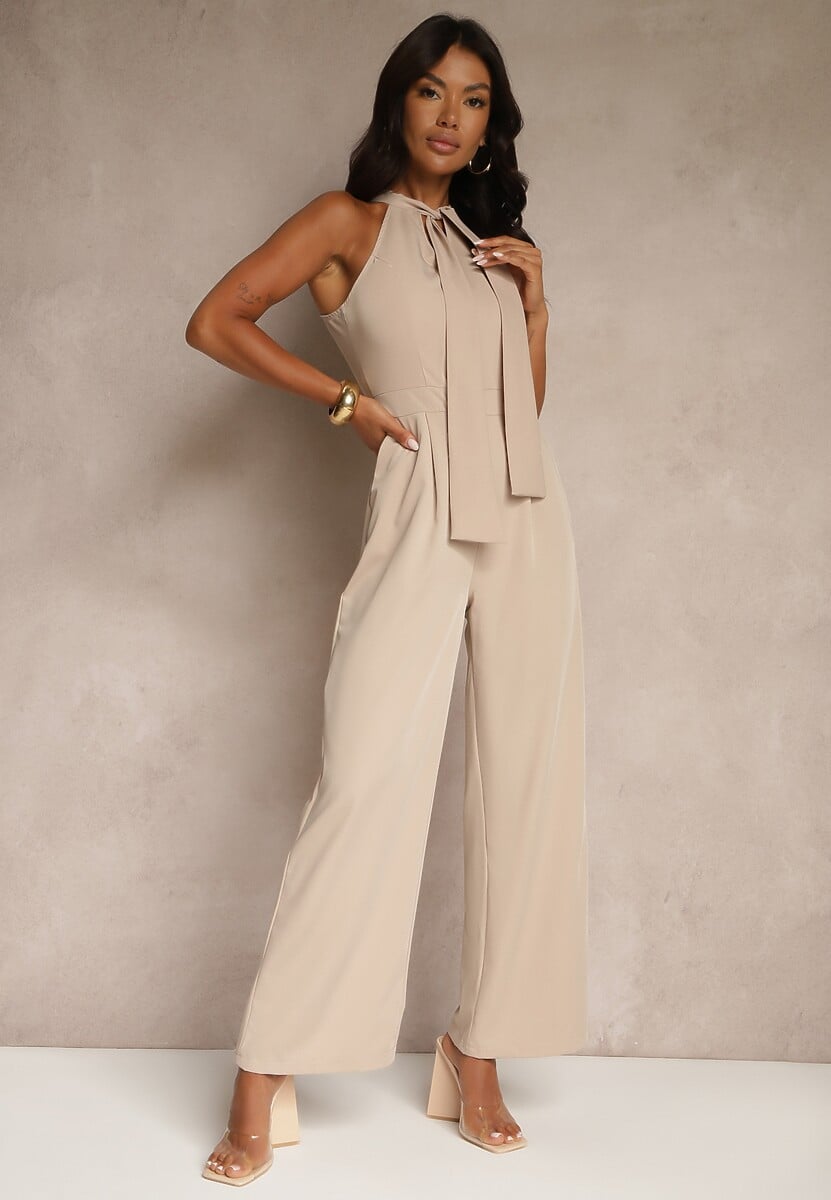 Beżowy Kombinezon Wide Leg z Ozdobnym Wiązaniem przy Szyi Silelia