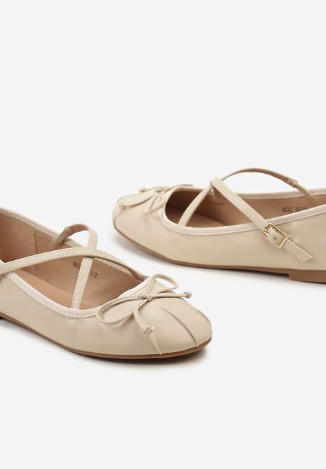Beżowe Balerinki z Ozdobnymi Paskami na Sprzączkę i Kokardką Zrisa