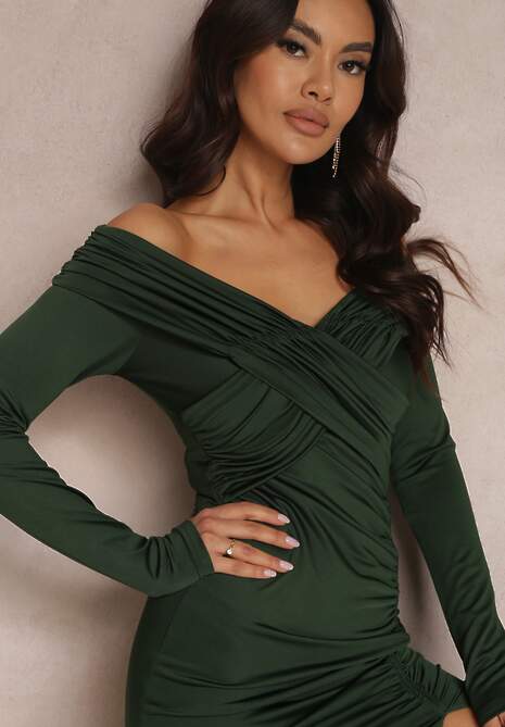 Ciemnozielona Marszczona Sukienka Midi Dopasowana Dolnas