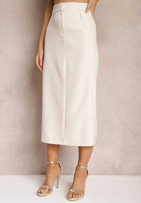 Jasnobeżowa Trapezowa Spódnica z Rozcięciem Zapinana na Suwak Tiamahla