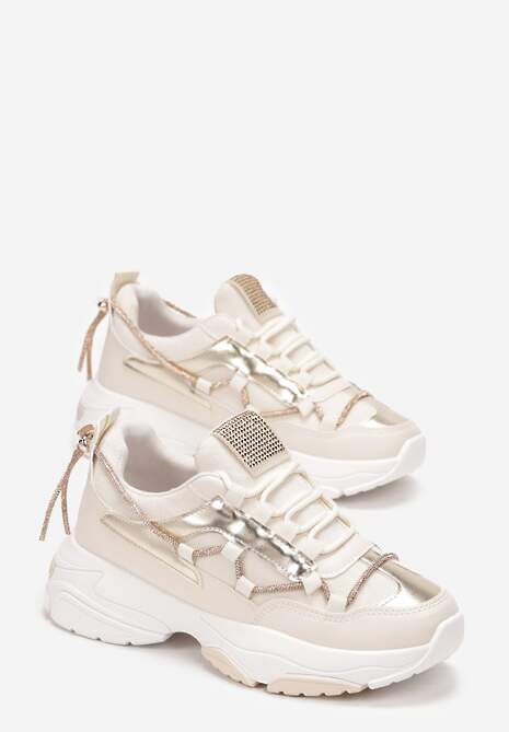 Beżowe Sneakersy Ozdobione Sznureczkiem z Cyrkoniami Nathanias