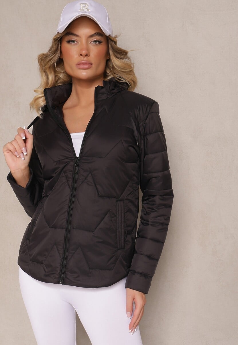 Ciemnobeżowa Kurtka z Geometrycznym Pikowaniem i Kapturem Lilidi