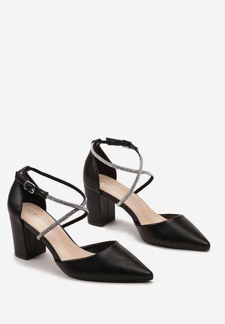 Czarne Czółenka z Paseczkami z Cyrkoniami na Niewysokim Słupku Rianlle