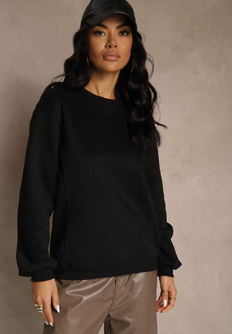 Czarna Bluza z Bawełną i Przeszyciami przy Dekolcie Fezanna