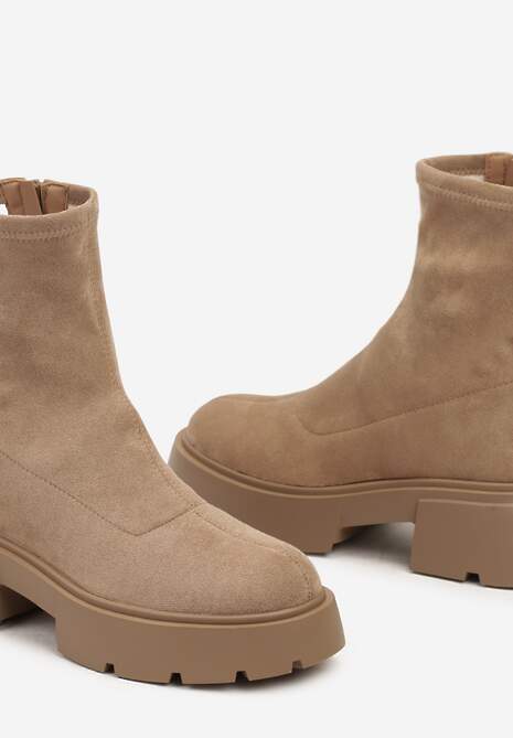 Ciemnobeżowe Botki na Platformie z Dopasowaną Cholewką Tinor