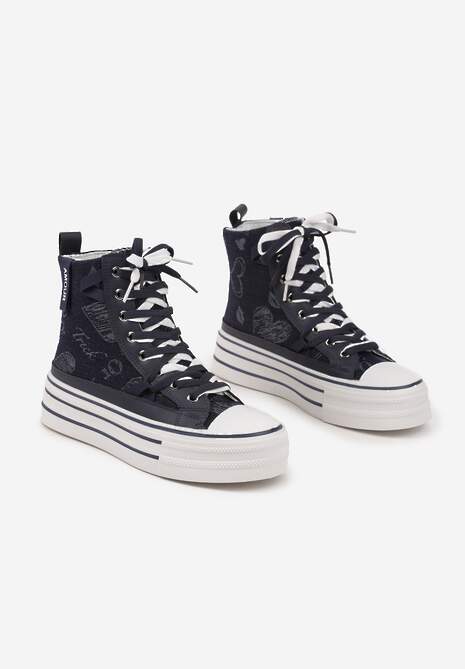 Granatowe Trampki Jeansowe z Serduszkami na Platformie Benirea