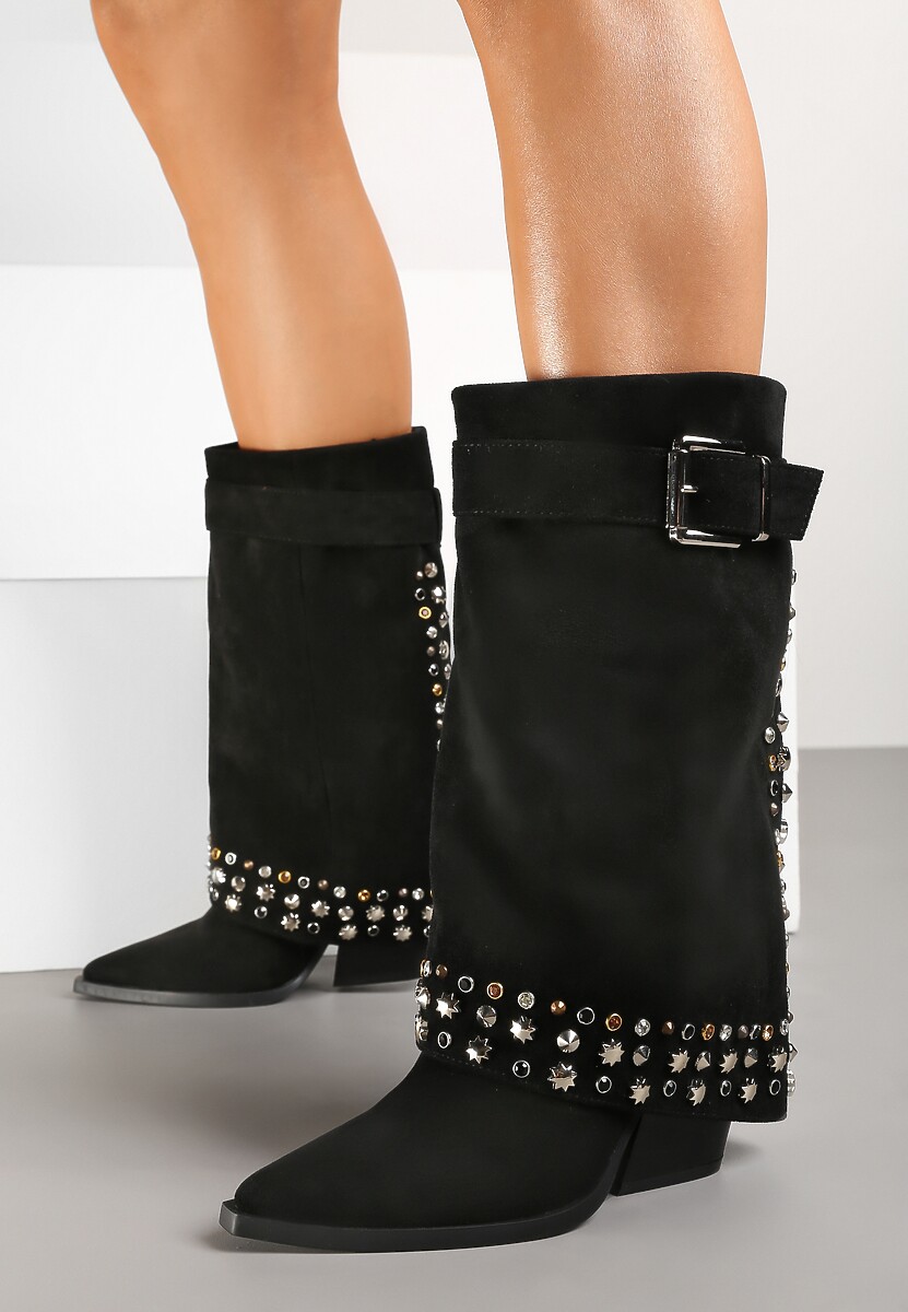 Czarne Ekozamszowe Kozaki na Obcasie z Cholewką Imitującą Nogawkę Ozdobioną Nitami Sagiyana