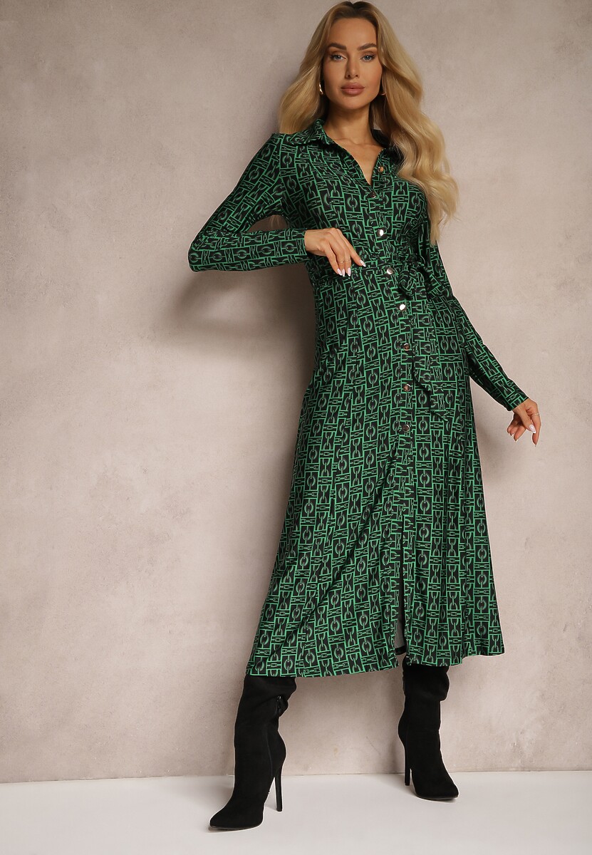 Brązowa Sukienka o Koszulowym Fasonie z Wiązanym Paskiem i Abstrakcyjnym Wzorem Sairina