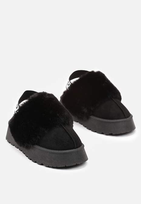 Czarne Kapcie na Platformie Ozdobione Futerkiem i z Gumką Przy Pięcie Titanra