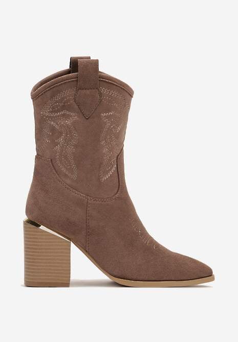 Ciemnobeżowe Ażurowe Botki na Słupku w Kowbojskim Stylu Mevith